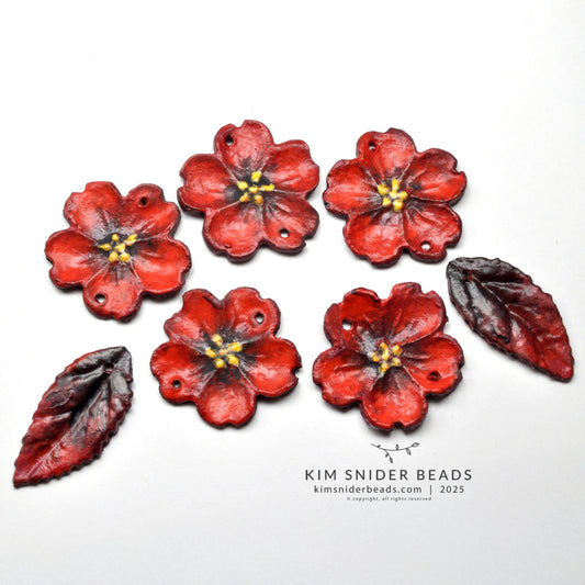 Scarlet blossom & leaf charm beads