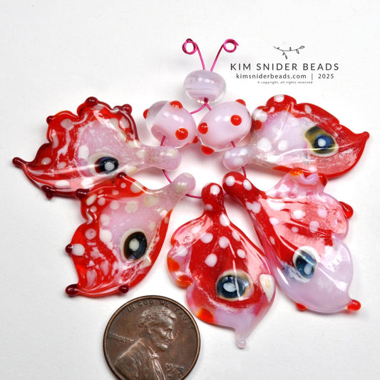 Strawberry Butterfly wing beads - 5 lampwork glass