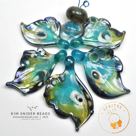 Teal & spring green - 5 lampwork glass butterfly wing beads