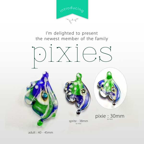 The newest (and smallest) member of the Kim artbeads family! What makes a Pixie a Pixie? For a butterfly wing bead to be deemed to be a Pixie, it must be 30mm in length or less.